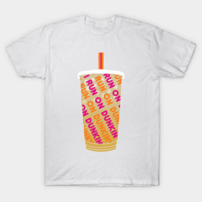 White t-shirt with colorful "Run on Dunkin" coffee cup graphic, casual style, perfect for coffee lovers.