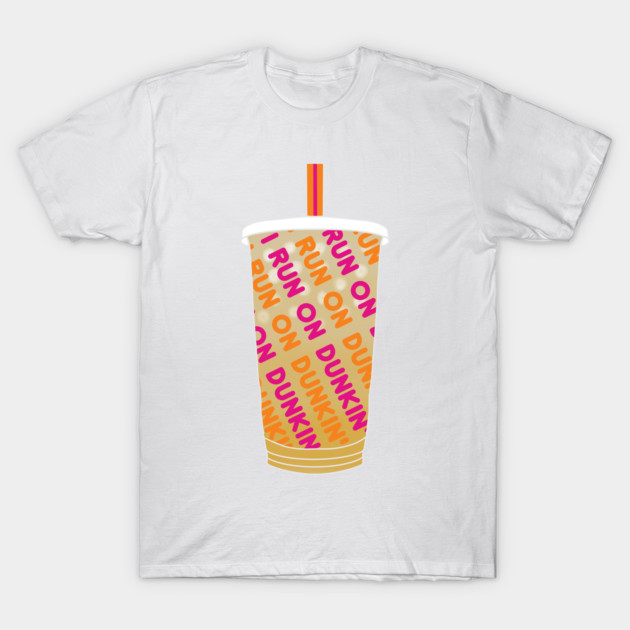 White t-shirt with colorful "Run on Dunkin" coffee cup graphic, casual style, perfect for coffee lovers.