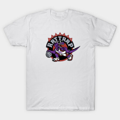 White T-shirt featuring a purple dinosaur graphic with a sporty design, perfect for casual wear.
