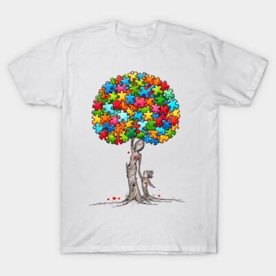 White t-shirt with colorful puzzle tree design, casual style, cotton material, ideal for everyday wear.