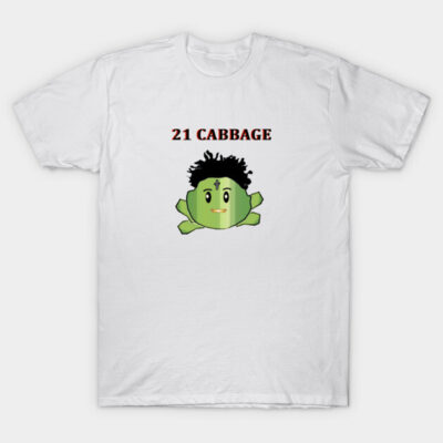 White T-shirt with "21 Cabbage" text and cartoon cabbage graphic, casual cotton apparel for everyday wear.