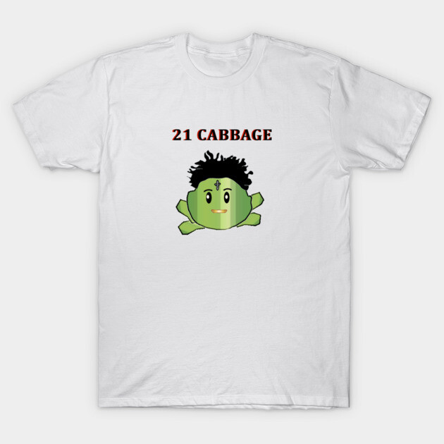 White T-shirt with "21 Cabbage" text and cartoon cabbage graphic, casual cotton apparel for everyday wear.