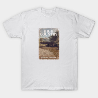 White t-shirt featuring "High Country, Telluride, Colorado" graphic print, casual style, comfortable cotton material.