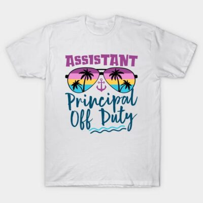 White t-shirt with "Assistant Principal Off Duty" text, colorful sunglasses, palm trees graphic. Casual summer style.