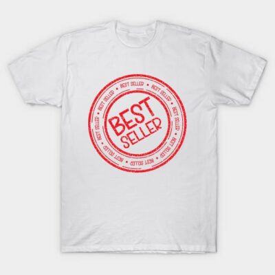 White cotton t-shirt with red "Best Seller" graphic print, casual style, unisex, perfect for everyday wear.