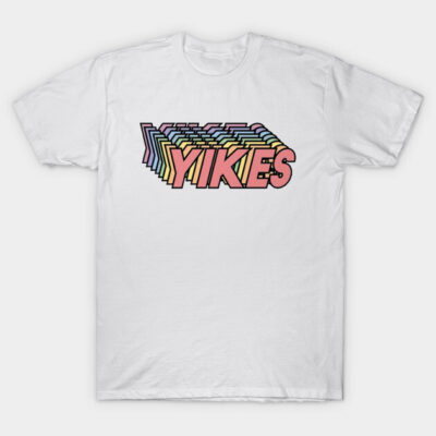 White t-shirt with colorful "Yikes" graphic print, casual style, comfortable cotton material, perfect for everyday wear.