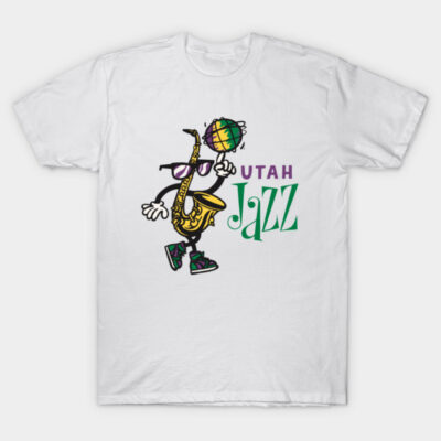 White Utah Jazz graphic T-shirt featuring colorful saxophone design, perfect for casual wear and sports fans.