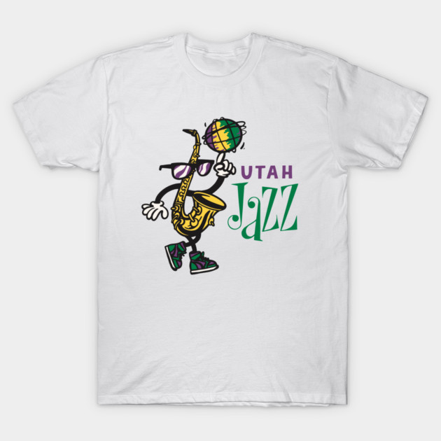 White Utah Jazz graphic T-shirt featuring colorful saxophone design, perfect for casual wear and sports fans.