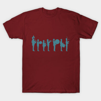 Maroon t-shirt with blue marching band design, casual cotton style for music lovers.