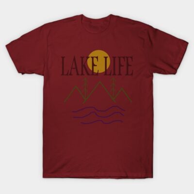 Maroon t-shirt with "Lake Life" print, featuring sun and mountain design, casual style, ideal for outdoor activities.