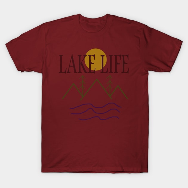 LAKE LIFE T-Shirt 1 Maroon t-shirt with "Lake Life" print, featuring sun and mountain design, casual style, ideal for outdoor activities.