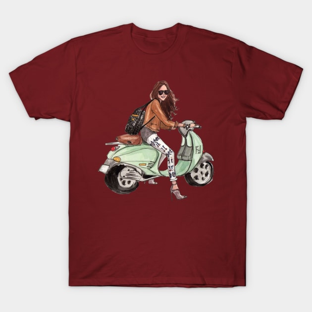 Maroon t-shirt featuring a stylish scooter illustration, casual wear, soft cotton blend, unisex design, perfect for everyday use.
