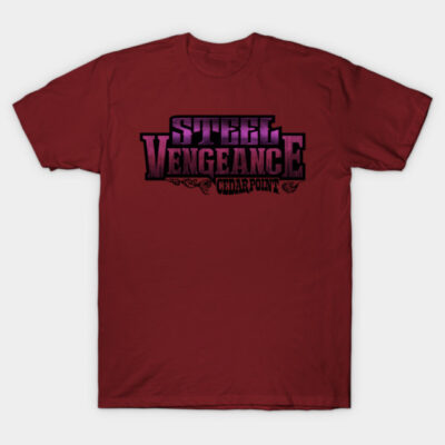 Maroon T-shirt with "Steel Vengeance Cedar Point" design, casual style, cotton material, perfect for theme park enthusiasts.