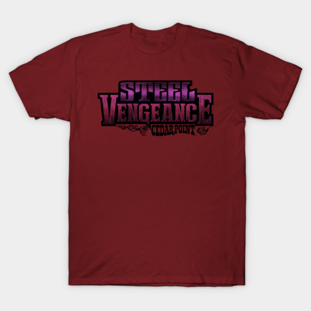 Maroon T-shirt with "Steel Vengeance Cedar Point" design, casual style, cotton material, perfect for theme park enthusiasts.