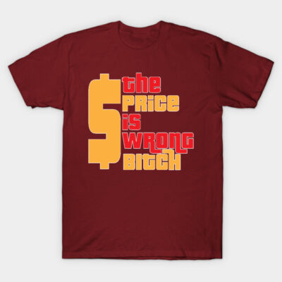 Burgundy graphic t-shirt with bold yellow and red text design, casual style, soft cotton material.