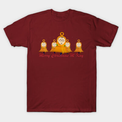 Red Christmas-themed T-shirt with cute bell design, perfect for holiday celebrations, cotton material, unisex style.