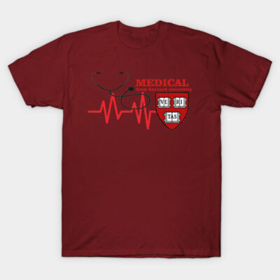 Maroon medical-themed T-shirt with stethoscope and heartbeat design, perfect for healthcare professionals or students.