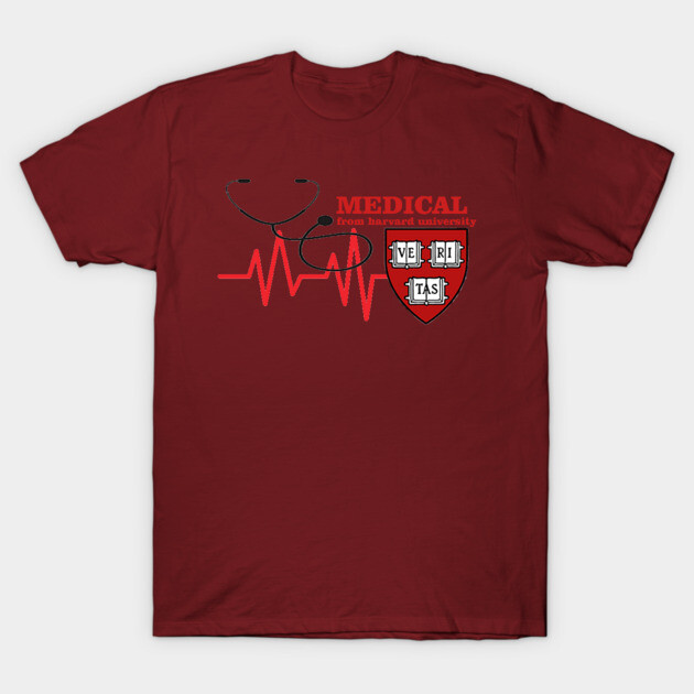 Maroon medical-themed T-shirt with stethoscope and heartbeat design, perfect for healthcare professionals or students.