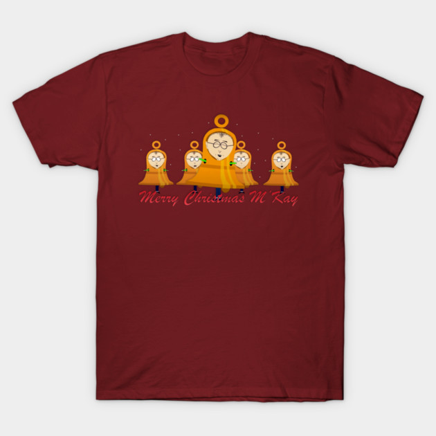 Red Christmas-themed T-shirt with cute bell design, perfect for holiday celebrations, cotton material, unisex style.