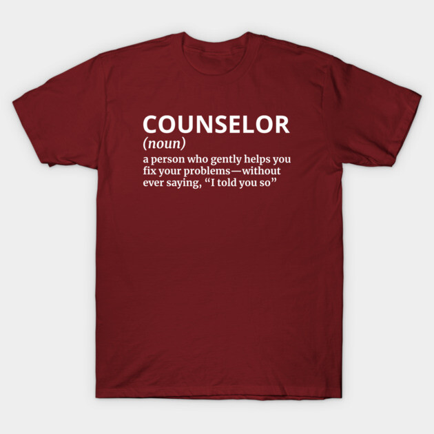 Burgundy t-shirt with "Counselor" definition print, casual style, cotton material, perfect for everyday wear.