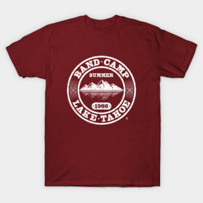Maroon t-shirt with vintage "Band Camp Lake Tahoe 1986" graphic; casual cotton apparel ideal for music enthusiasts.