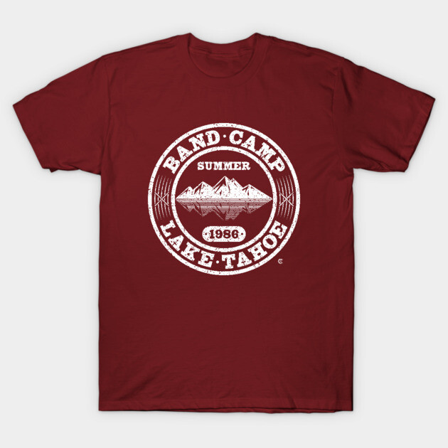 Maroon t-shirt with vintage "Band Camp Lake Tahoe 1986" graphic; casual cotton apparel ideal for music enthusiasts.