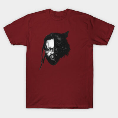 Red cotton t-shirt with half-human, half-wolf black graphic design, perfect for casual wear and unique style lovers.