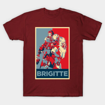 Red graphic t-shirt featuring retro robot design and bold "Brigitte" text, ideal for casual wear and sci-fi fans.