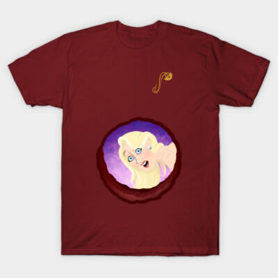 Maroon t-shirt with playful cartoon design, featuring a surprised expression, perfect for casual wear.
