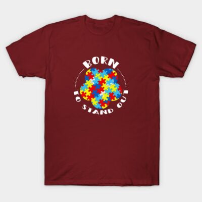 Burgundy T-shirt with colorful puzzle design and "Born to Stand Out" text, perfect for casual wear.