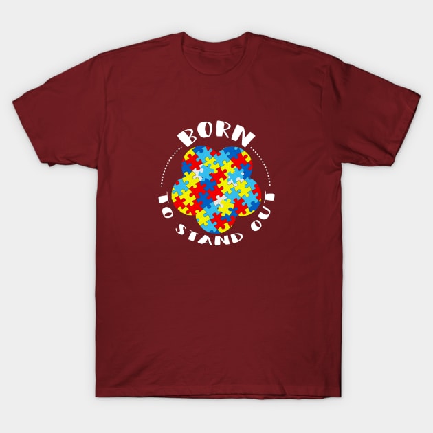 Burgundy T-shirt with colorful puzzle design and "Born to Stand Out" text, perfect for casual wear.