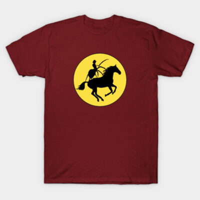 Maroon t-shirt with a yellow circle featuring a black horse and rider silhouette. Casual wear, cotton material.