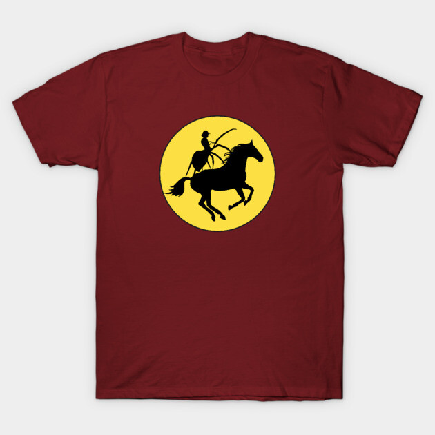 Maroon t-shirt with a yellow circle featuring a black horse and rider silhouette. Casual wear, cotton material.