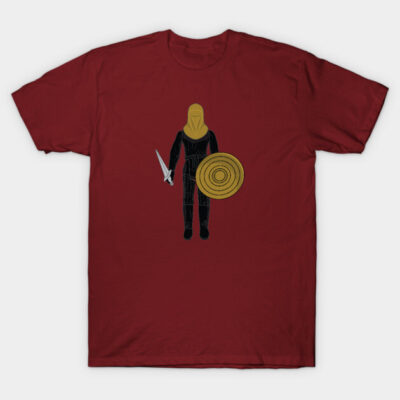 Burgundy t-shirt with medieval warrior graphic, featuring sword and shield design, perfect for casual wear.