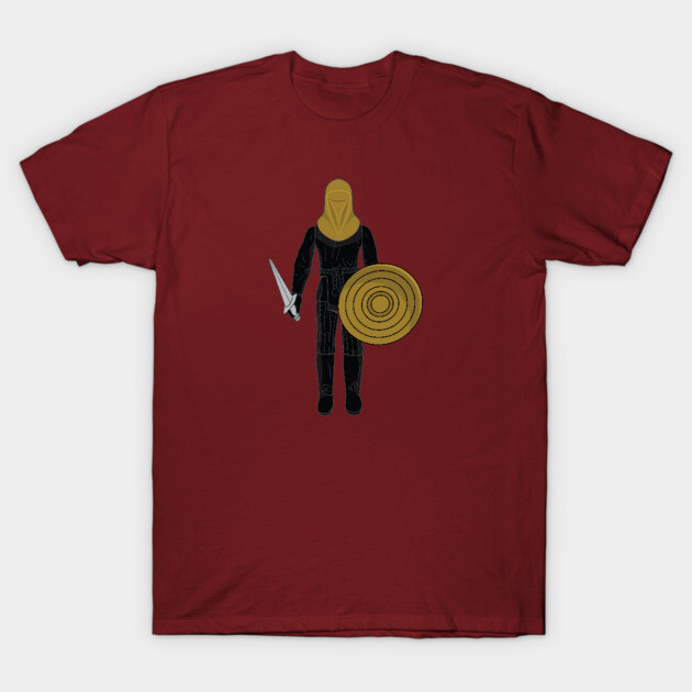 Burgundy t-shirt with medieval warrior graphic, featuring sword and shield design, perfect for casual wear.