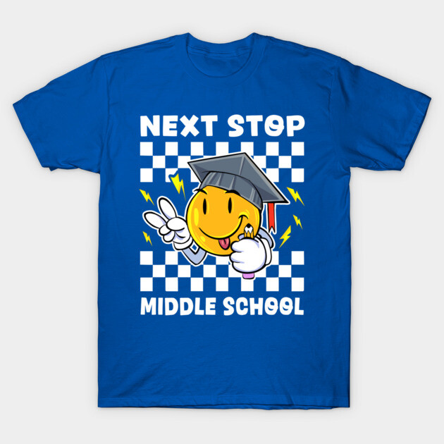 Blue "Next Stop Middle School" graphic t-shirt with smiley face and graduation cap, perfect for students transitioning.