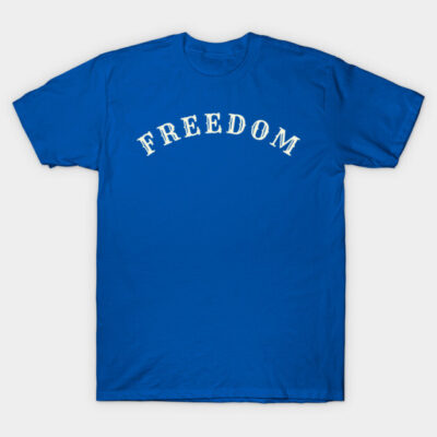 Royal blue T-shirt with "Freedom" text in white, casual style, made from soft cotton, perfect for everyday wear.