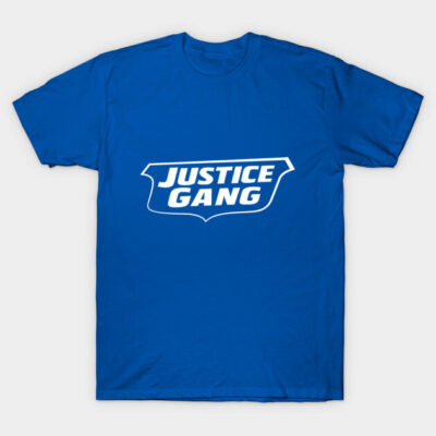 Blue cotton T-shirt with "Justice Gang" logo in bold white text, casual style for everyday wear.