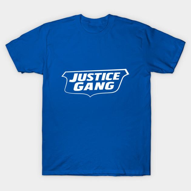 Justice Gang White Version T-Shirt 1 Blue cotton T-shirt with "Justice Gang" logo in bold white text, casual style for everyday wear.