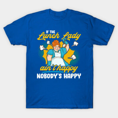 Blue "Lunch Lady" graphic tee with humorous print, casual style, perfect for everyday wear, cotton material.