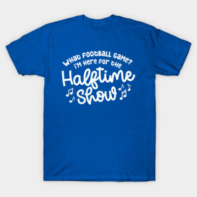 Blue T-shirt with playful "Halftime Show" text, ideal for sports fans. Casual wear, 100% cotton, unisex style.