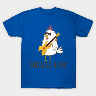 Blue "Chickens Rock" t-shirt with cartoon chicken playing guitar, casual cotton tee for music lovers.