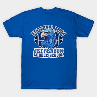 Blue "Football Mom" T-shirt with eagle graphic, Jefferson Middle School text, perfect for sports events, cotton fabric.