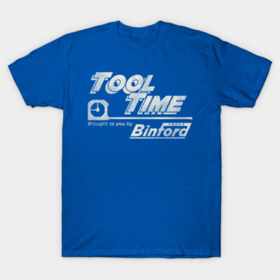 Blue cotton "Tool Time" T-shirt with Binford Tools logo, casual wear, graphic print, unisex design.