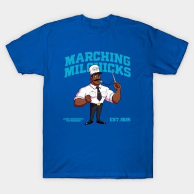 Blue "Marching Milbucks" t-shirt featuring cartoon character, casual wear, cotton material, unisex design.