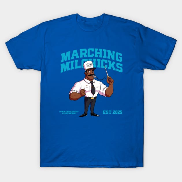 Blue "Marching Milbucks" t-shirt featuring cartoon character, casual wear, cotton material, unisex design.