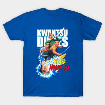 Blue graphic T-shirt featuring "Kwantsu Dudes" and "Surf Ninjas" design, ideal for casual wear.