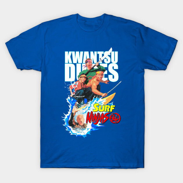 Blue graphic T-shirt featuring "Kwantsu Dudes" and "Surf Ninjas" design, ideal for casual wear.