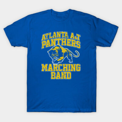 Blue T-shirt with "Atlanta A&T Panthers Marching Band" graphic in yellow. Casual style, ideal for band enthusiasts.