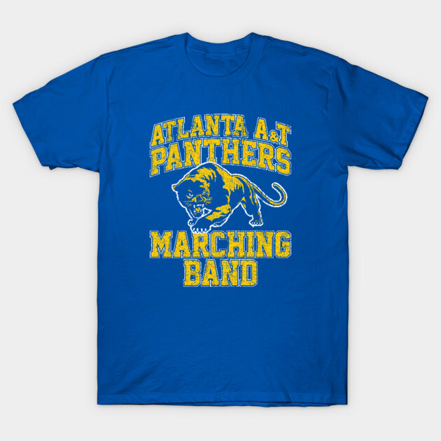 Blue T-shirt with "Atlanta A&T Panthers Marching Band" graphic in yellow. Casual style, ideal for band enthusiasts.